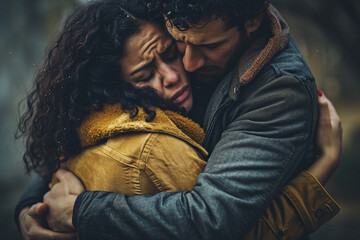 Fototapeta premium a couple hugging with sad expression bokeh style background