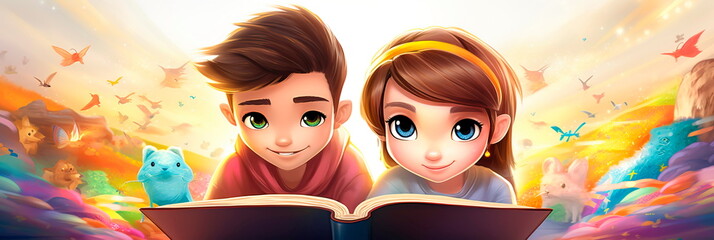 Funny Boy and girl reading fairy tales together , Generative AI - obrazy, fototapety, plakaty
