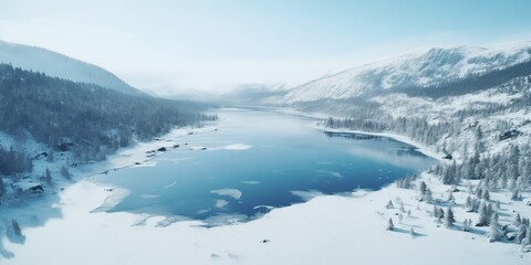 Fototapeta na wymiar View from flying drone to unfrozen lake