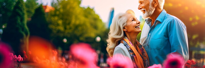 Beautiful elderly couple in the park, smiling couple walking , Generative Ai