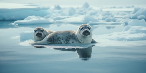 two seals on a snowy ice floe