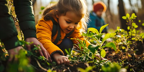 The child happily helps the ecologist and plants trees. Generative AI