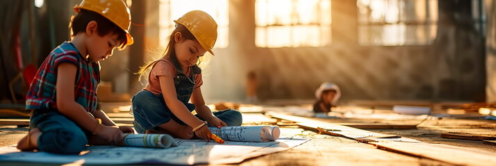 children of aspiring architects studying projects, drawings and construction sites, Generative AI
