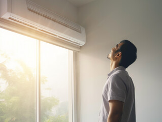 A boy under air conditioner feeling relax at home