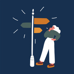 Cartoon vector illustration of woman looking into the future for new business opportunities. Arrow and differnet way to go. Chose and pick up