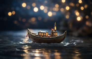 With a bokeh-filled background, a diminutive boat cruises along the river, casting a spell of enchantment on the miniature waterway. - obrazy, fototapety, plakaty