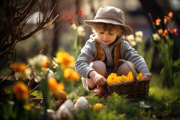 little Boy collecting tulip flowers in a basket on a sunny day. Healthy lifestyle. Harvesting spring medicinal herbs. Cute little boy sitting in a field on the grass - obrazy, fototapety, plakaty