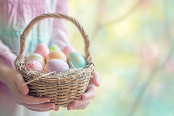 Naklejka premium young girl hand holding colorful pastel easter eggs basket