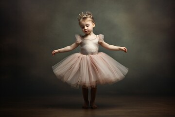 Beautiful little girl in a pink suit is dancing a ballet at school, empty space in studio shot isolated