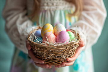 Fototapeta na wymiar young girl hand holding colorful pastel easter eggs basket