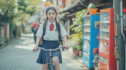 A Japanese schoolgirl in traditional uniform with her bicycle, casually posed in front of an iconic automatic vending machine, depicting everyday urban life in Japan
