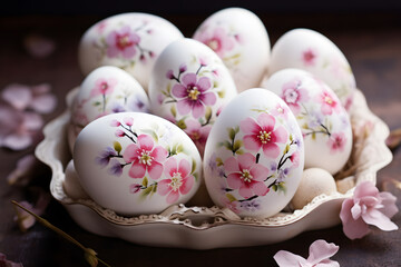 Fototapeta na wymiar Beautiful white Easter eggs painted with delicate flowers in front of dark background