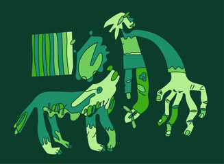 Creative illustration of human and dog friendships.
Linear style with flat fills. Abstract depiction of dog and character. Simplistic and modern design. Humanist idea with drawing of wolf and man.