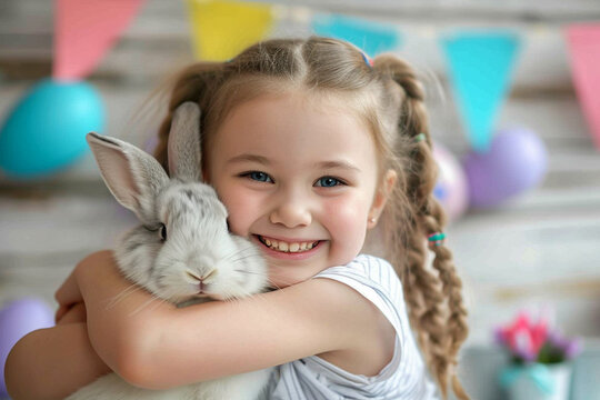 young girl kid cuddling a cute bunny bokeh style background