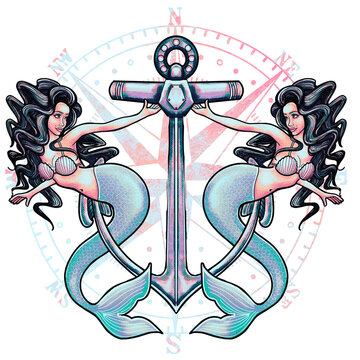 Hand drawn nautical vintage Mermaids, anchor and compass transparent original design, Hugh quality perfect for print, decor, apparel