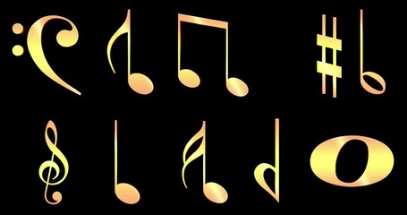 4K Music Note Animation for melody sound and orchestra concert. notes, clefs, and other musical staff symbols fly in colorful light rays for the intro, concert, titles, credits, show, portfolio, scree