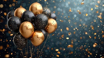 Foto op Plexiglas Shimmering Celebration. Gold Black Balloon Confetti Background for Graduations, Birthdays, and Special Sales © Alexander Beker