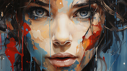 An abstract painting of a girl with blue and red colors.