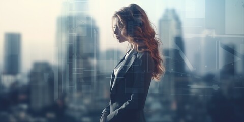 Close-up of a woman with long hair in a suit - obrazy, fototapety, plakaty