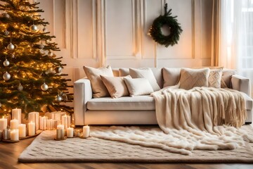 Obraz premium Living room with Christmas tree sofa and mat on floor.