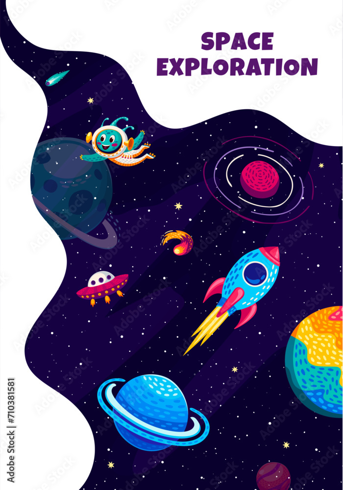 Poster space exploration poster. cartoon rocket spaceship and alien with ufo between galaxy planets and sta