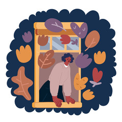 Cartoon vector illustration of Thoughtful woman with smart phone looking through window