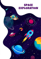 Space exploration poster. Cartoon rocket spaceship and alien with UFO between galaxy planets and stars. Cute alien astronaut vector character in fantasy space with spacecraft, fire comets and planets