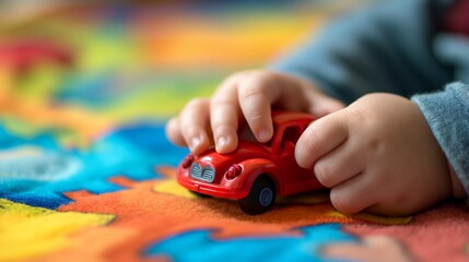 Toddler Hands Holding Red Toy Car