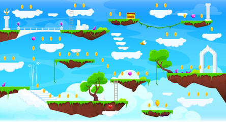 Arcade game level map with ground platforms and fluffy clouds in blue sky heaven vector background. Video or computer game interface assets, cartoon screen with floating platforms, trees, grass, items