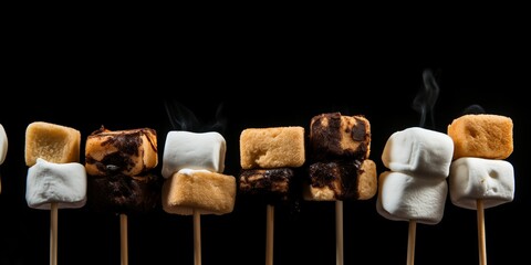 Fototapeta na wymiar fried marshmallows on a skewer on a black background