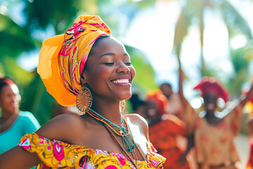african woman in the traditional dress dancing on the beach bokeh style background - obrazy, fototapety, plakaty