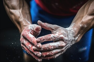 An athlete sprinkles chalk on his hands