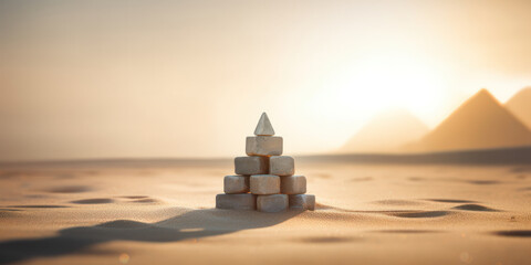 A pyramid made from stone blocks in a desert setting, symbolizing growth and balance.