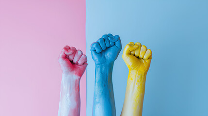 Raised hands of women symbolizing strength and support, concept of collectivism and equality and celebrating women