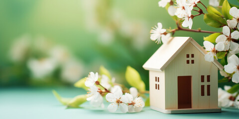 A petite wooden model house surrounded by blossoms, symbolizing nature, spring, and real estate.