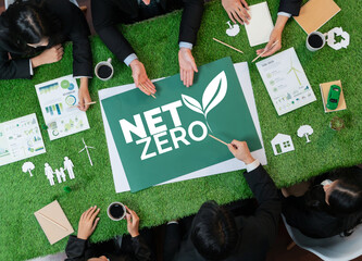 Top view panorama banner group of business people planning for alternative net zero energy...