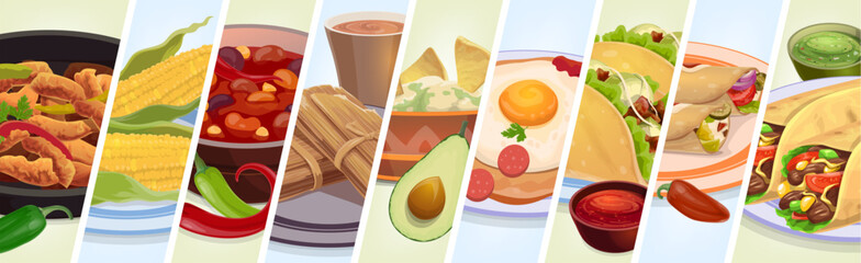 Tex Mex Mexican cuisine food collage of meals and dishes, vector background. Mexico cuisine collage of burrito, taco and quesadilla with tamale, guacamole avocado salsa and fajita with corn and chili - obrazy, fototapety, plakaty