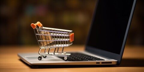 Online shopping concept with miniature shopping cart