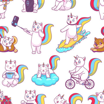 Cartoon cute caticorn cat and kitten characters seamless pattern. Wallpaper funny print, fabric or textile vector background with fairytale cat personages making selfie, surfing and riding bicycle