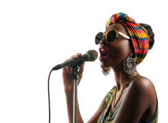 female black african american singer on stage singing, on transparent background