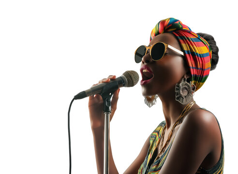 female black african american singer on stage singing, on transparent background