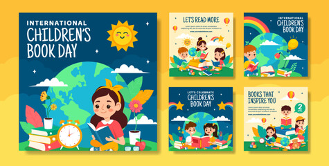 Fototapeta premium Children Book Day Social Media Post Flat Cartoon Hand Drawn Templates Background Illustration