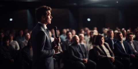 The businessman performs in a conference - obrazy, fototapety, plakaty