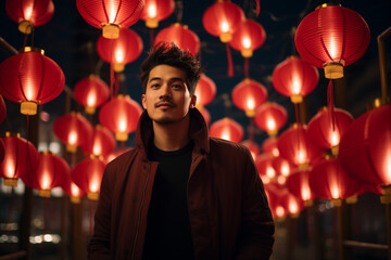 Obraz premium handsome chinese man celebrate at chinese lantern festival