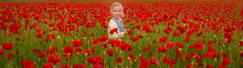Little girl play outdoor in poppy field. Spring and kid. Banner for website header. Lovely child on poppies background. Kids near spring blossom flowering meadow.
