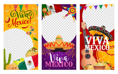 Mexican Independence Day and Viva Mexico social media vector templates for holiday story posts, Mexican sombrero with mustaches, guitar and maracas with pinata and Mexico flag for Independence Day