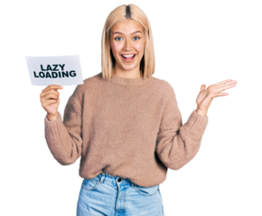 Beautiful young blonde woman holding lazy loading banner celebrating victory with happy smile and winner expression with raised hands