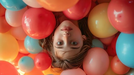 Fototapeta na wymiar Upside-Down Portrait in a Room Full of Balloons, creating a whimsical and playful atmosphere, lit by soft, ambient light