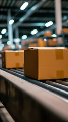 Parcels on conveyor belt in distribution warehouse, logistics. Shallow field of view.	