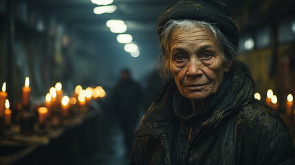 Elderly Woman in Soviet Dormitory's Dark Corridor